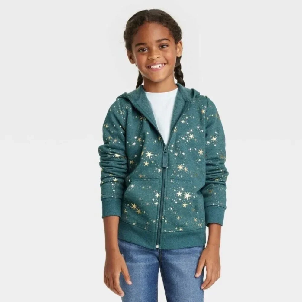 Cat &‎ Jack Girls' Dark Green Gold Stars Zip-Up Fleece Hoodie